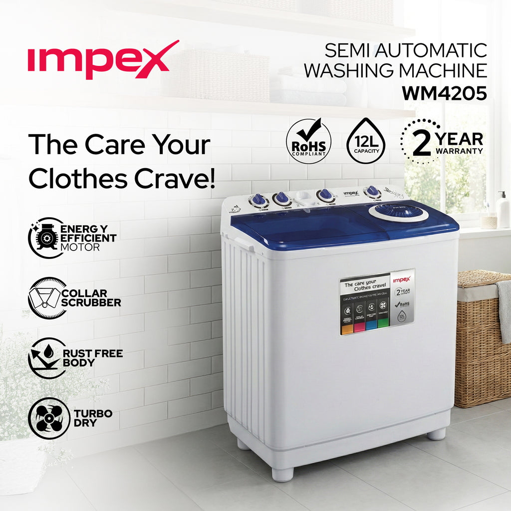 غسالة ملابس نصف أوتوماتيكية Impex WM 4205 – 12 كجم مع خاصية التجفيف بالهواء التوربيني