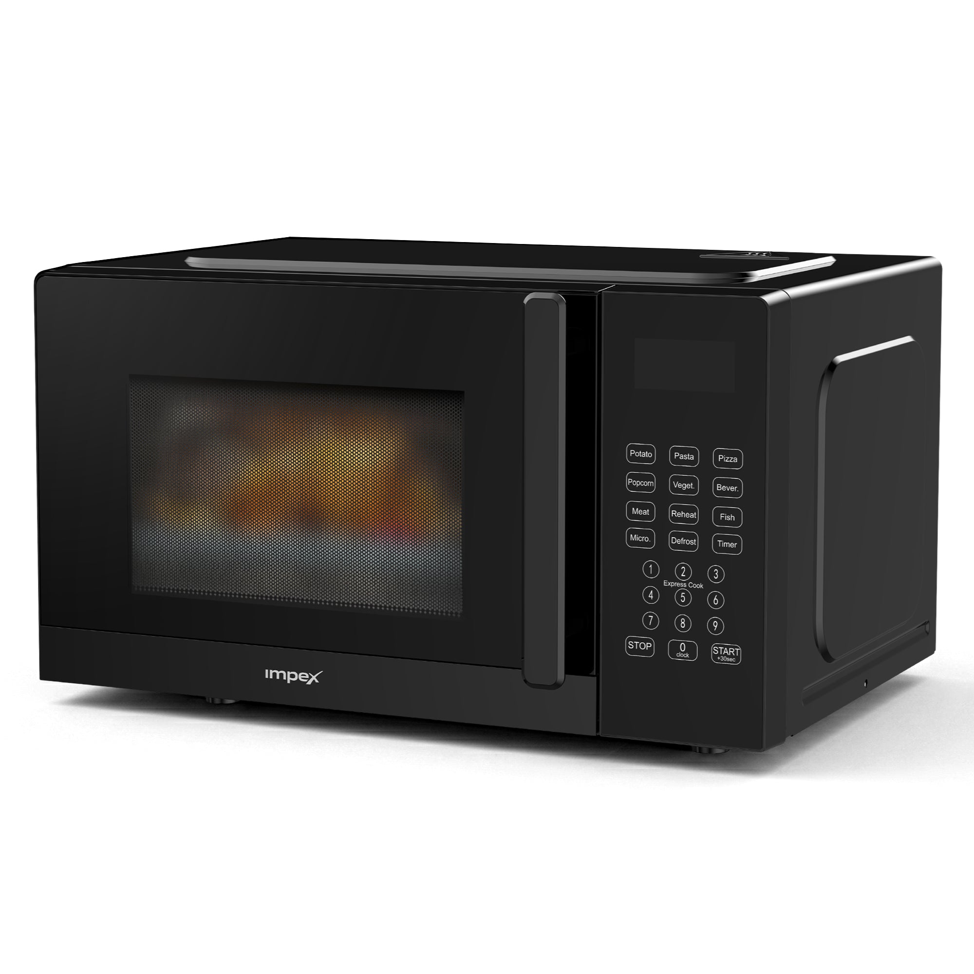 A black Vimpex over-the-range microwave oven with a digital control panel on the right side, shown from a three-quarter angle against a white background.