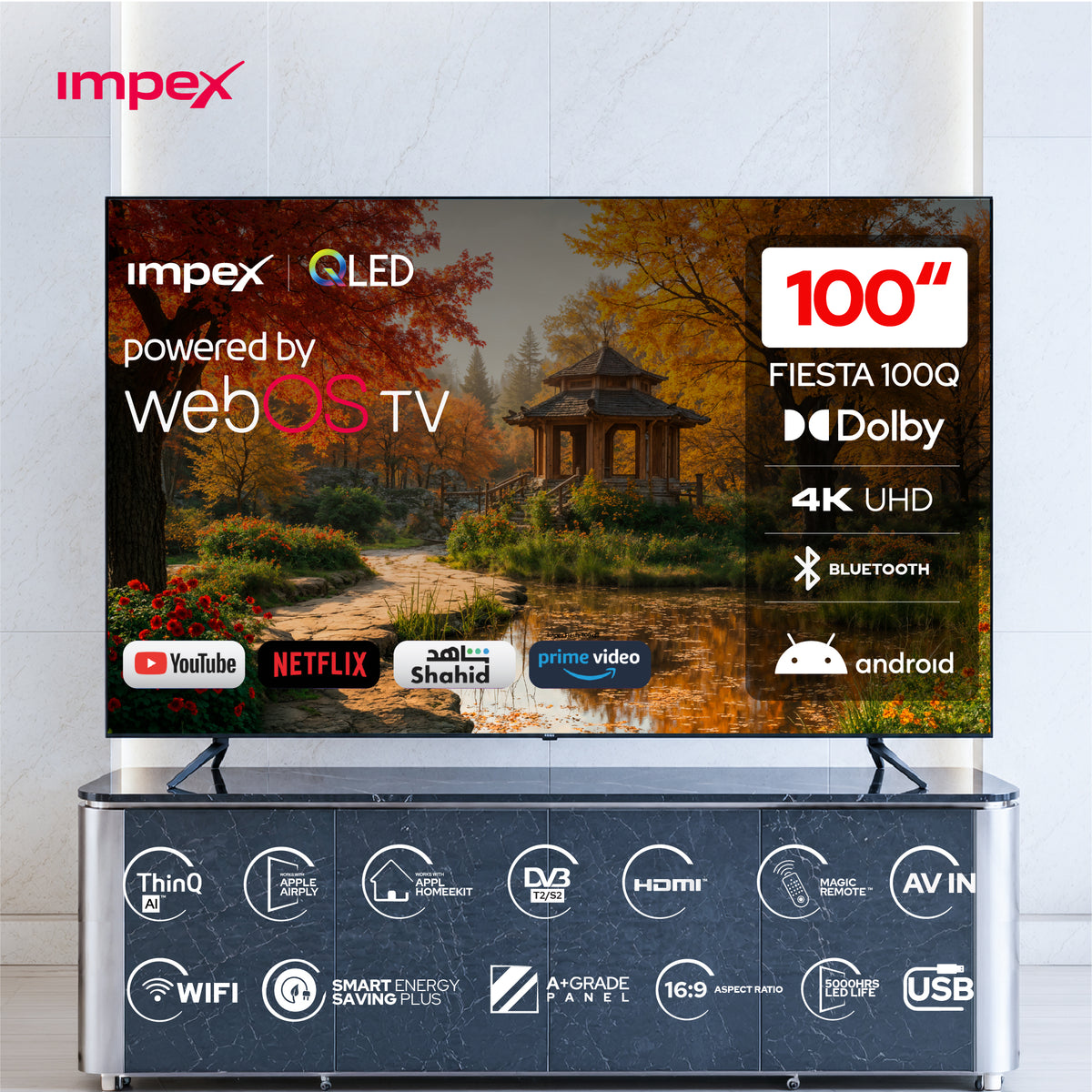 Impex Fiesta100Q – تلفزيون ذكي QLED 4K UHD مقاس 100 بوصة مع ThinQ AI و AirPlay وجهاز تحكم عن بعد سحري
