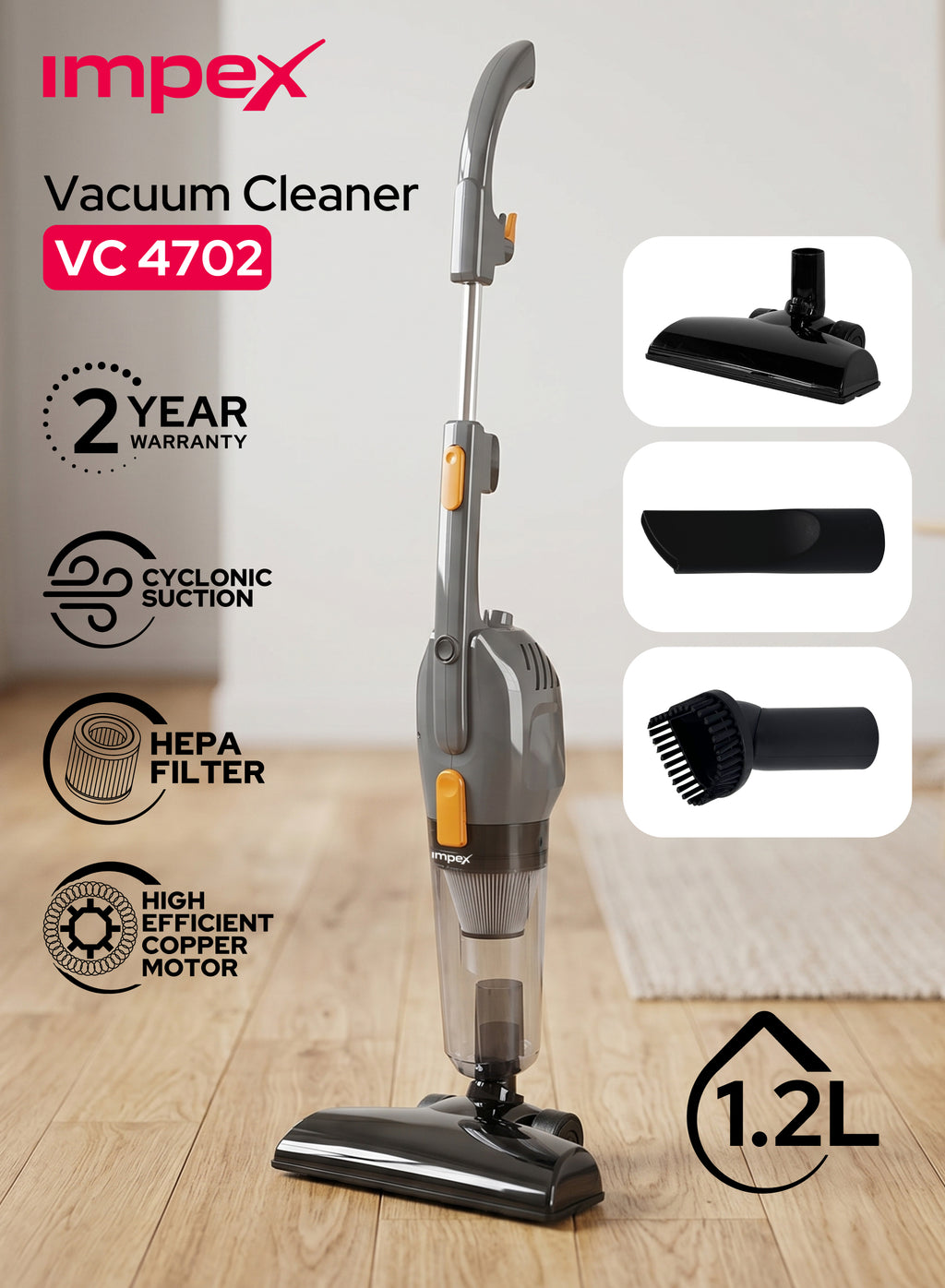 Impex VC4702 – 800W Ultralight 3-in-1 Stick Vacuum Cleaner