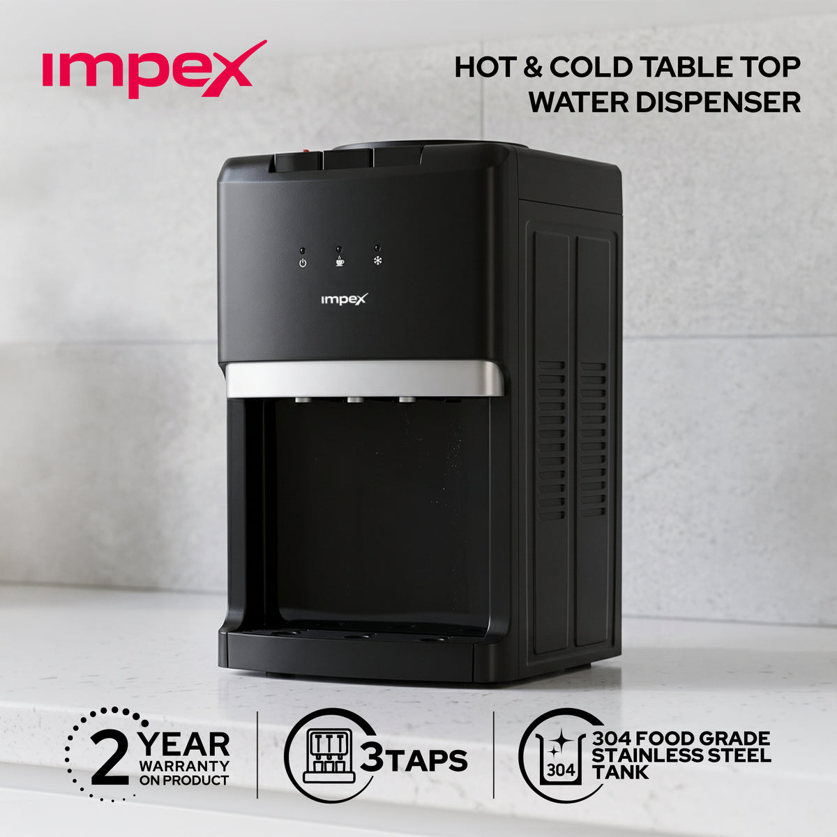 Impex WD3903C – 3 Tap Tabletop Water Dispenser with Compressor Cooling & Cabinet