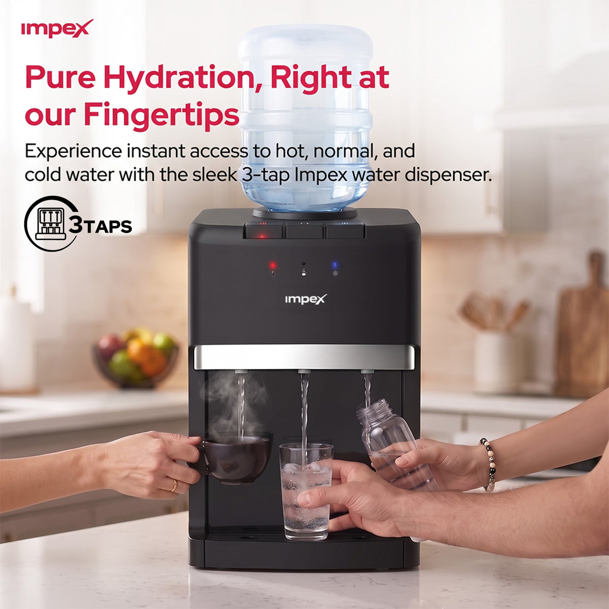Impex WD3903C – 3 Tap Tabletop Water Dispenser with Compressor Cooling & Cabinet