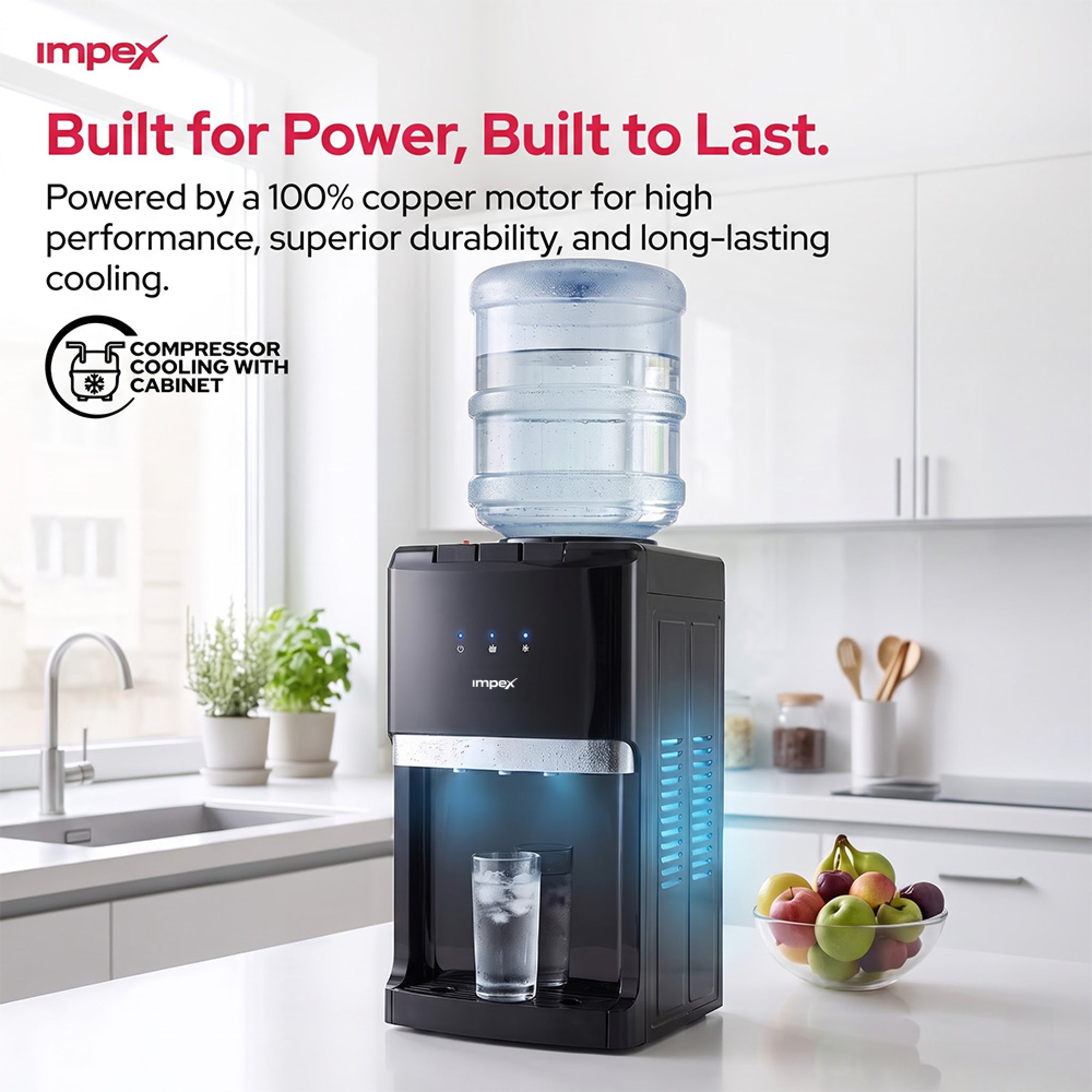 Impex WD3903C – 3 Tap Tabletop Water Dispenser with Compressor Cooling & Cabinet