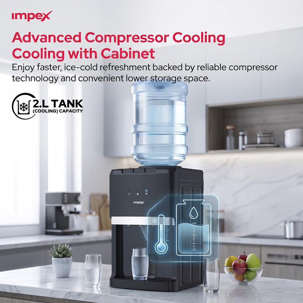 Impex WD3903C - موزع مياه مكتبي بـ3 حنفيات مع تبريد بالضاغط وخزانة