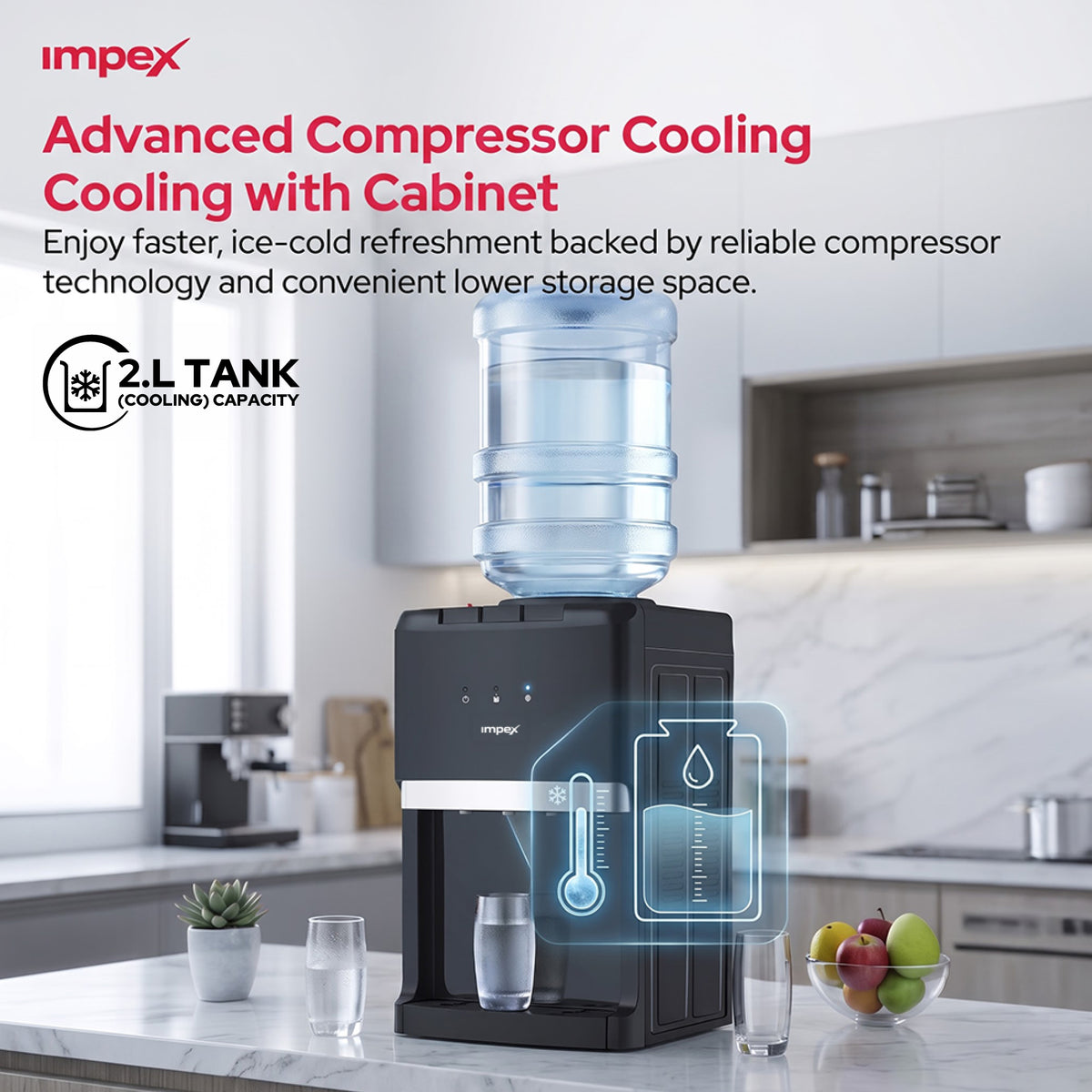 Impex WD3903C - موزع مياه مكتبي بـ3 حنفيات مع تبريد بالضاغط وخزانة