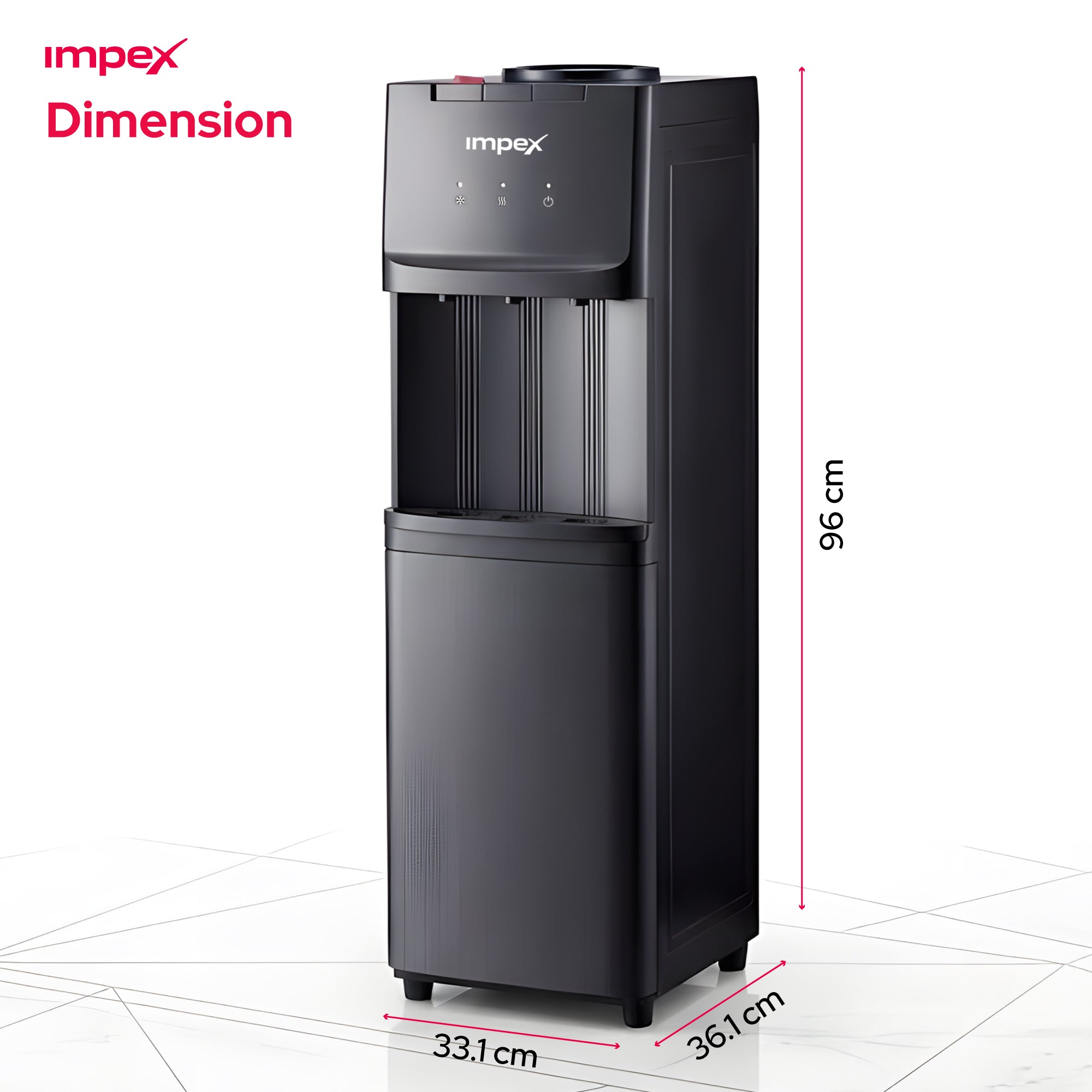 Impex WD3902C – موزع مياه ساخنة وباردة وعادية بـ 3 صنابير مع خزانة