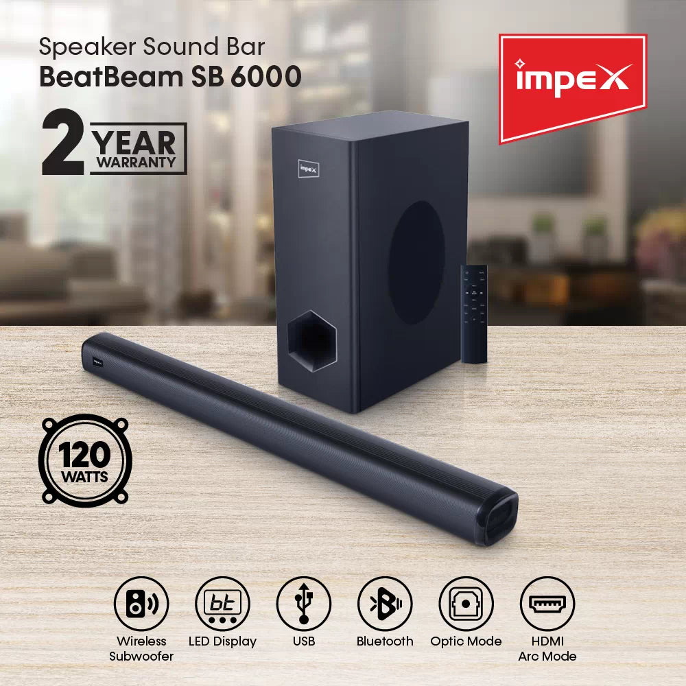 Impex BeatBeam SB6000 2.1 Soundbar | 120W | Wireless Subwoofer | 3D Audio EQ