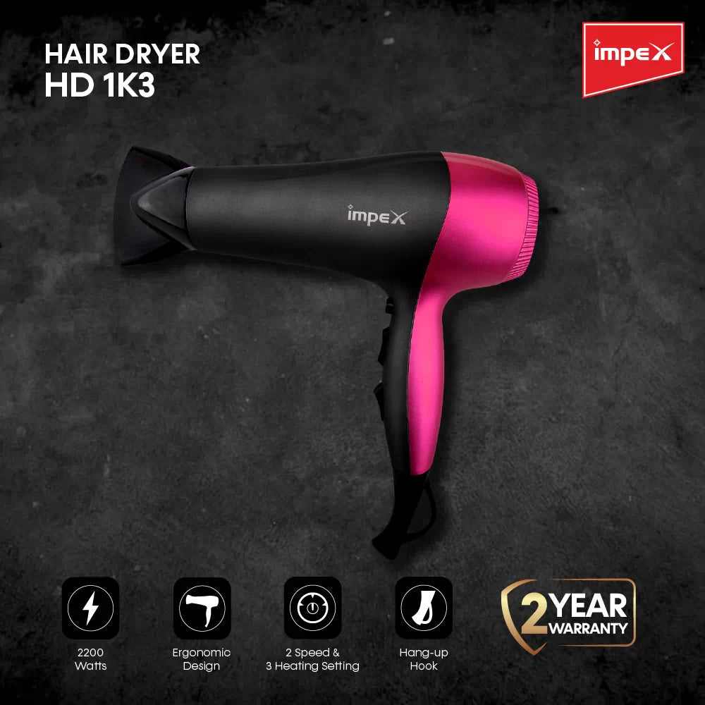 Impex HD1K3 – 2000W Hair Dryer with Cool Shot & 3-Level Temperature Control