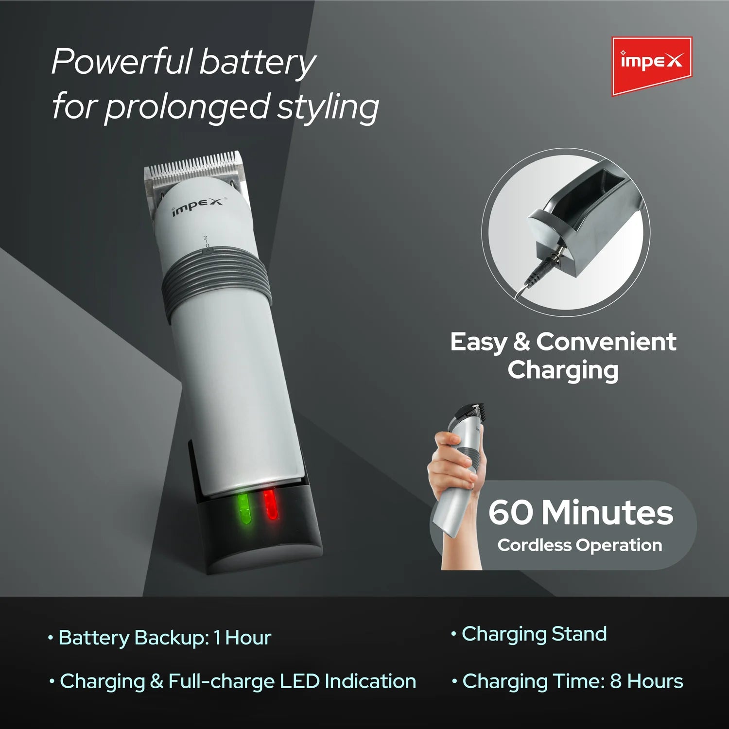 Impex IHC5 – Professional Cordless Hair Trimmer with Charging Stand