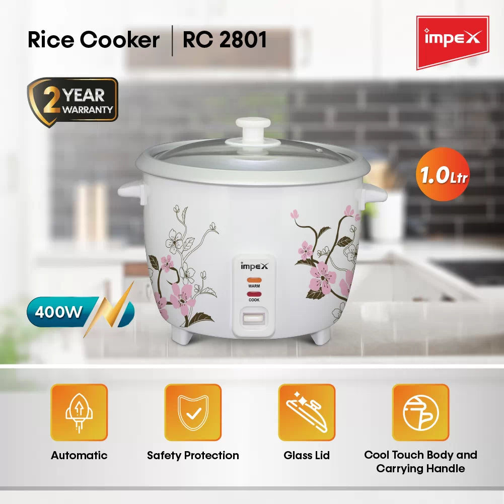 Impex RC2801 – طباخ أرز كهربائي بسعة 1 لتر وقدرة 400 واط مع وظيفة البخار