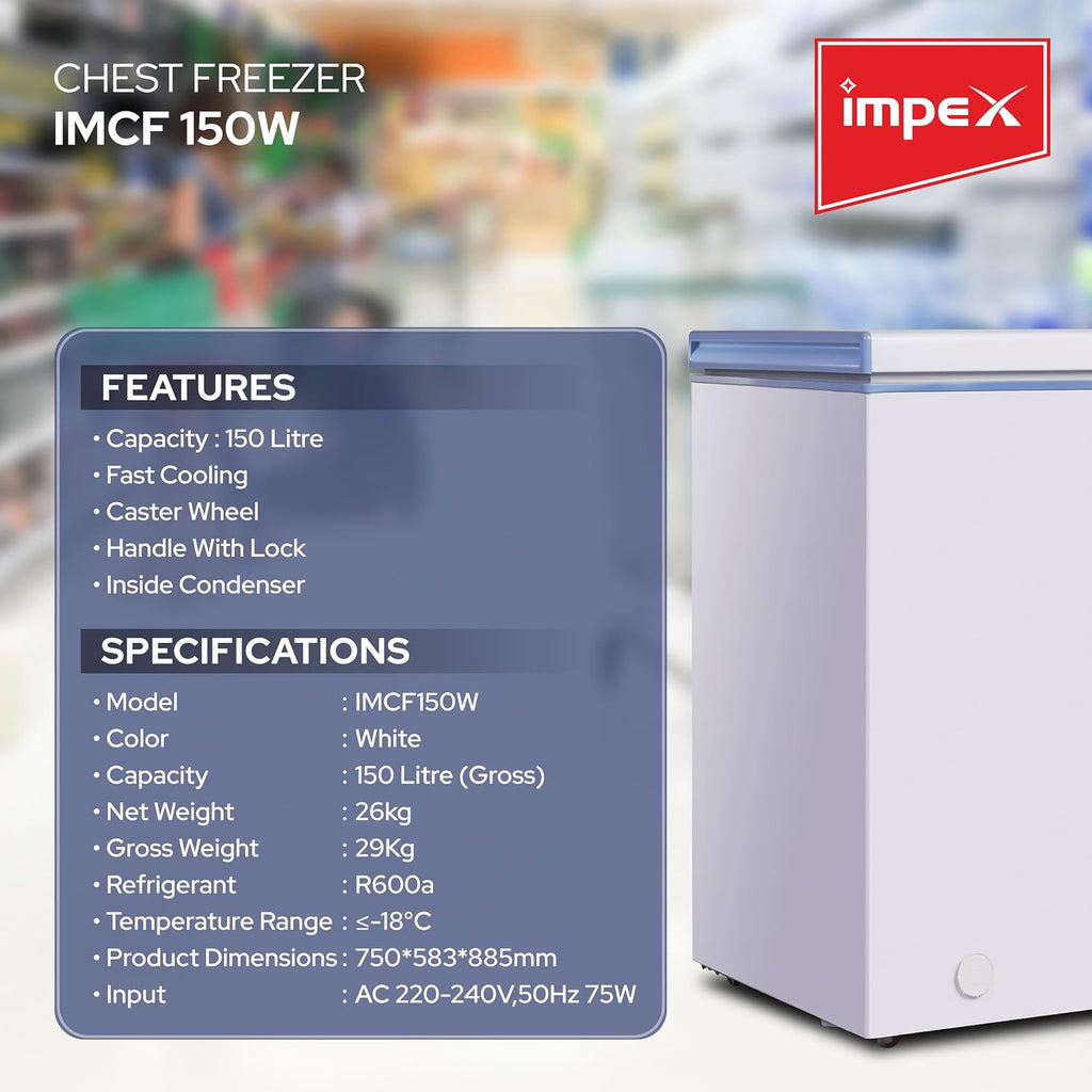 Impex IMCF150W – 150L Chest Freezer with Lock, Castor Wheels & Interior Lamp