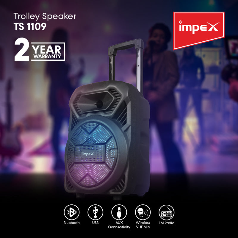 مكبر صوت بعربة متنقلة Impex TS1109 | 8 واط RMS | TWS | مدخل جيتار | ميكروفون لاسلكي