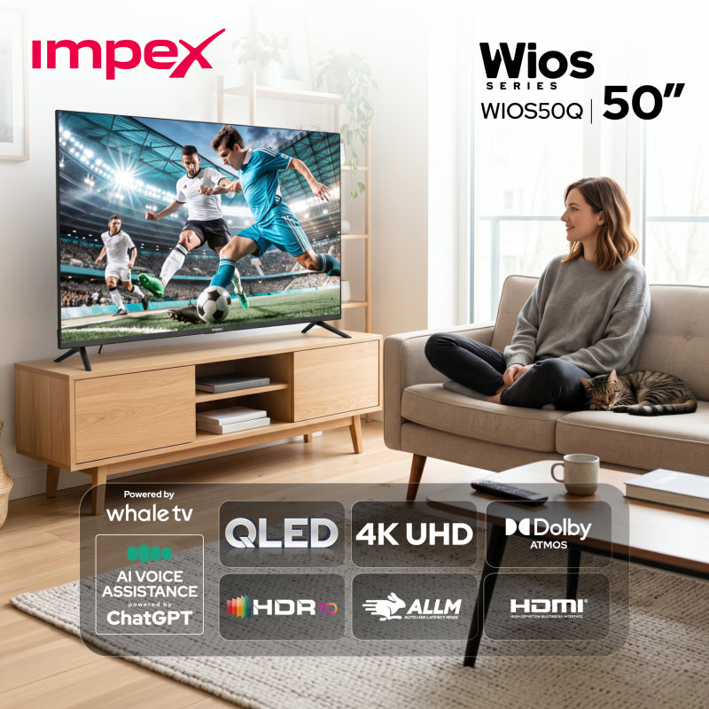 تلفزيون Impex Wios50Q – 50 بوصة QLED ذكي 4K مع نظام تشغيل Whale ومساعد صوتي ChatGPT بالذكاء الاصطناعي